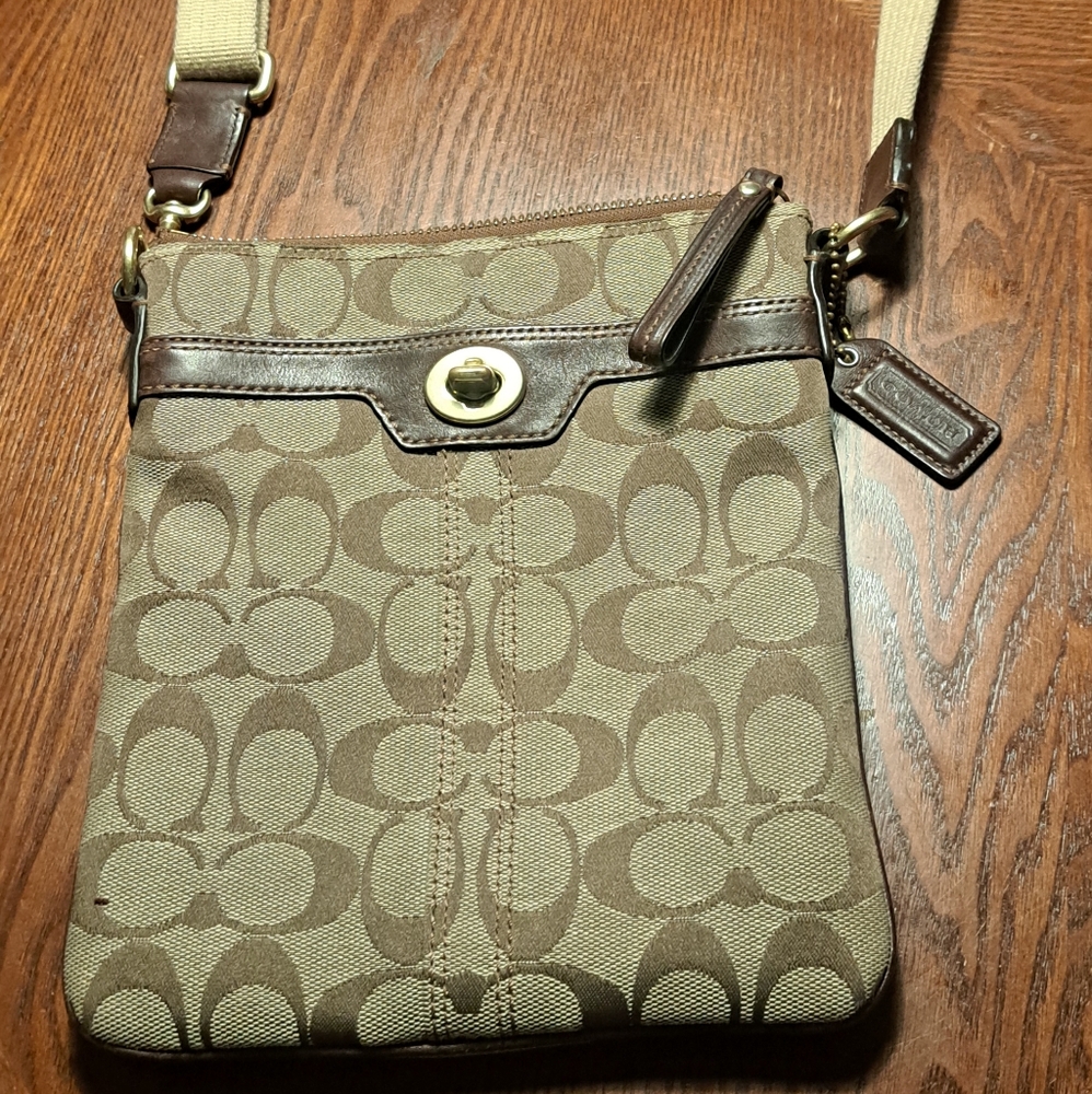 Coach Brown and Tan Signature Shoulder Bag